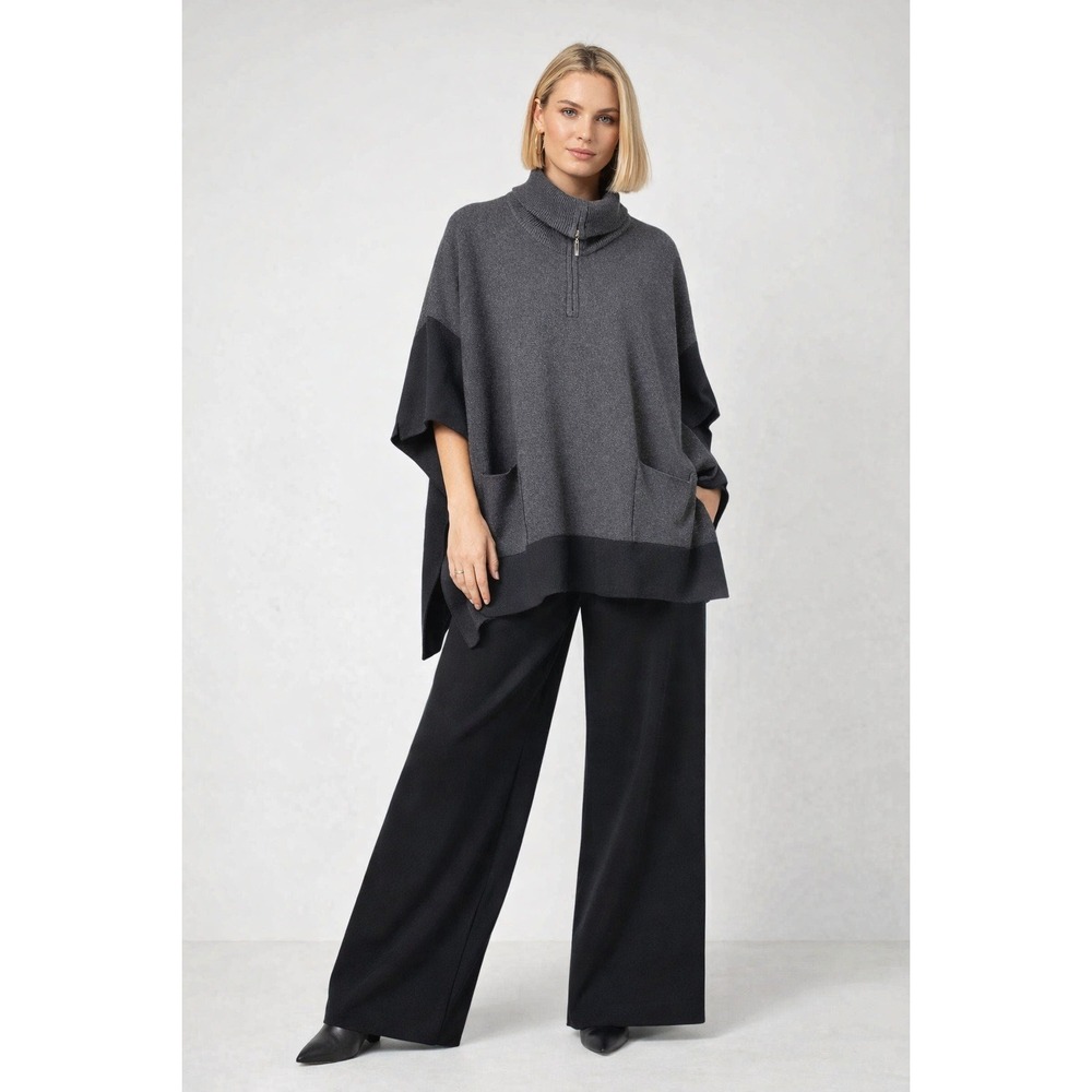 Boho Poncho Women L/XL‎ Gray Black Colorblock Mock Neck Modern Capsule Wardrobe